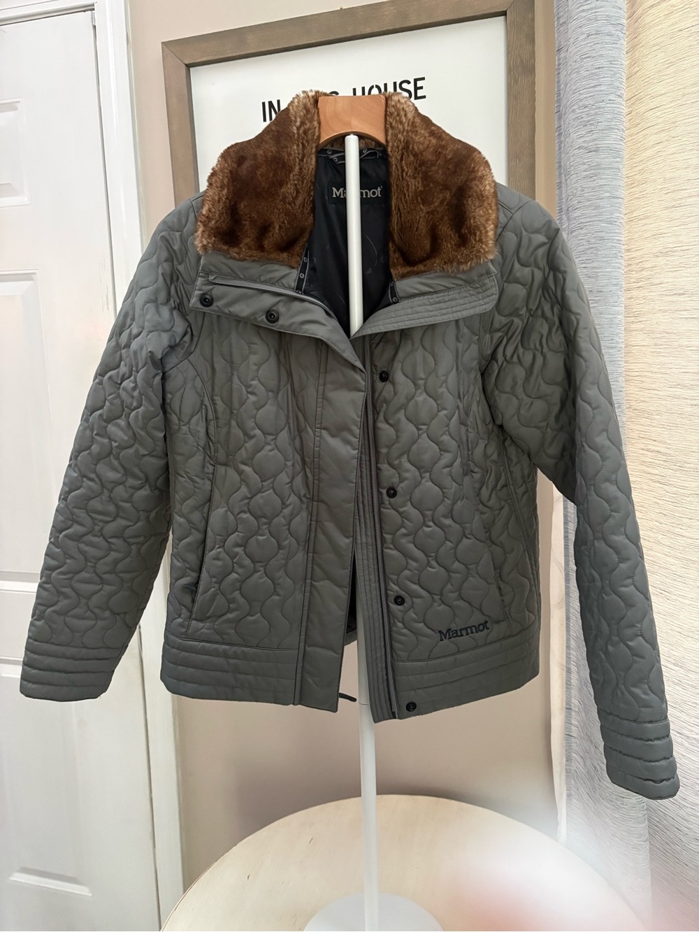 Marmot Quilted Grey Green Jacket Coat  with Brown Faux Fur Collar